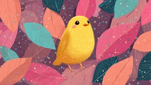 小黄鸟置身多彩叶片间