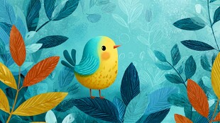 小鸟栖息于多彩叶片间