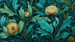 蓝绿花卉叶饰精美图案