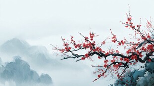 水墨红梅映远山