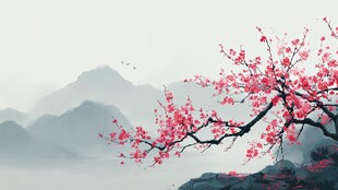 红梅映山景 雅致国风画