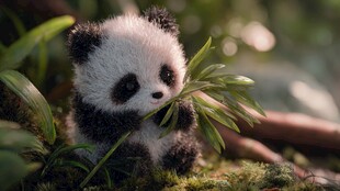 可爱熊猫宝宝吃鲜嫩竹叶