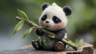 毛绒熊猫抱翠竹萌态十足