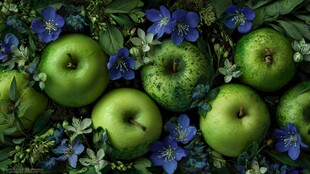 青苹果与蓝花的清新组合