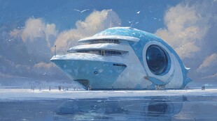 梦幻蓝白未来感海上游轮