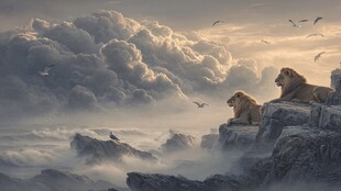 狮踞山巅望云海飞鸟