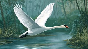 天鹅于林间溪流振翅飞翔