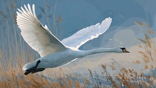 天鹅展翅翱翔于芦苇之上