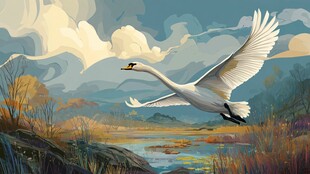 天鹅翱翔于山水之间