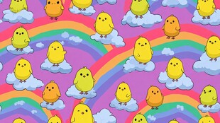 小鸡在彩虹云朵间的可爱图案