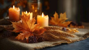 秋日烛光与落叶温馨场景