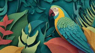 纸艺鹦鹉栖于繁茂绿植间