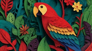 纸艺鹦鹉置身缤纷植物间