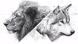 狮狼对视 野性力量的碰撞