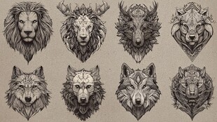 动物图腾风格头部插画集合