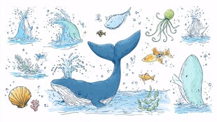 海洋生物水彩插画集合