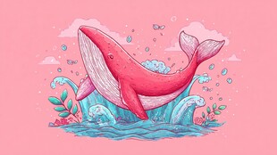 粉色鲸鱼跃出蓝色海浪