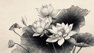 水墨风荷花黑白素描画