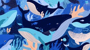 梦幻海洋鲸鱼群插画