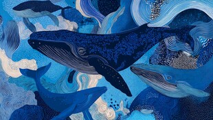 梦幻海洋中的鲸鱼群游