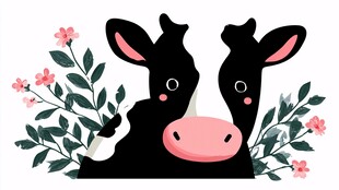 可爱奶牛与花卉插画