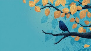 蓝枝上的小鸟与黄叶