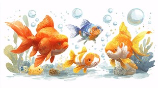 水彩绘灵动金鱼水中嬉戏
