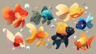 多彩金鱼群游插画