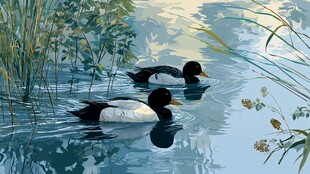 水中双鸭悠游于绿植间