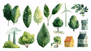 手绘绿植与建筑元素集合