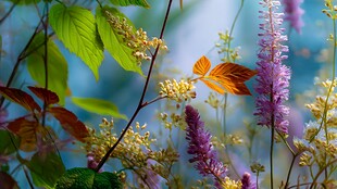 彩蝶翩跹于繁花绿叶间