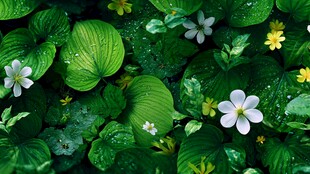 绿叶间的小花绽放之美