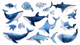 水彩海洋生物插画集合