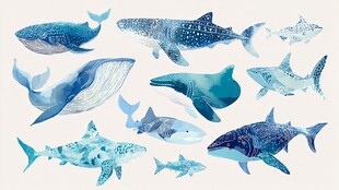 水彩风格多样海洋鲸鱼插画