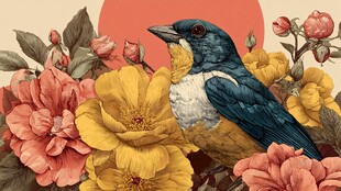 花鸟绘景 蓝羽鸟栖繁花间