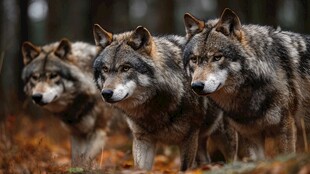 森林中并肩而立的三匹狼