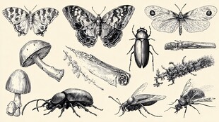 复古昆虫与蘑菇手绘插画