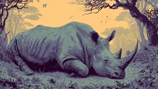 夕阳下休憩的孤独犀牛