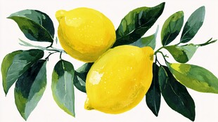 水彩绘柠檬与绿叶