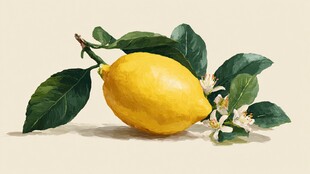 水彩绘柠檬带绿叶与白花