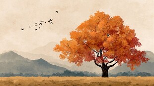 秋日孤树飞鸟山林美景