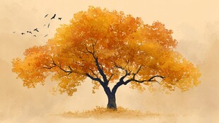 金秋孤树伴飞鸟