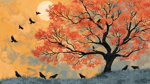 秋日树下飞鸟图