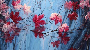 梦幻枫叶倒映蓝色水面