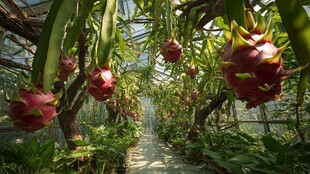 温室中垂挂的饱满火龙果