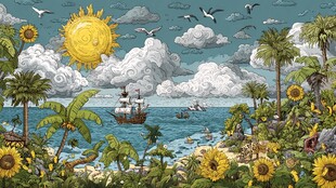 热带海岛风光与海上航船