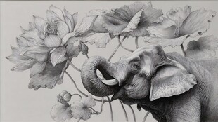大象与荷花的精致素描