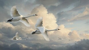 天鹅翱翔于云海之间