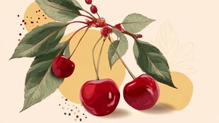 甜美樱桃插画 叶片相伴