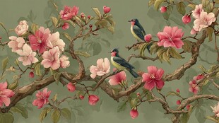 花鸟图绘 繁花间双鸟栖枝